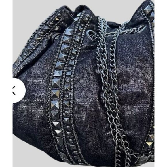 Imoshion 10"x 9" Studded Bucket Shoulder Chain Black Bag – Edgy Glam Rock Chic - Picture 8 of 13